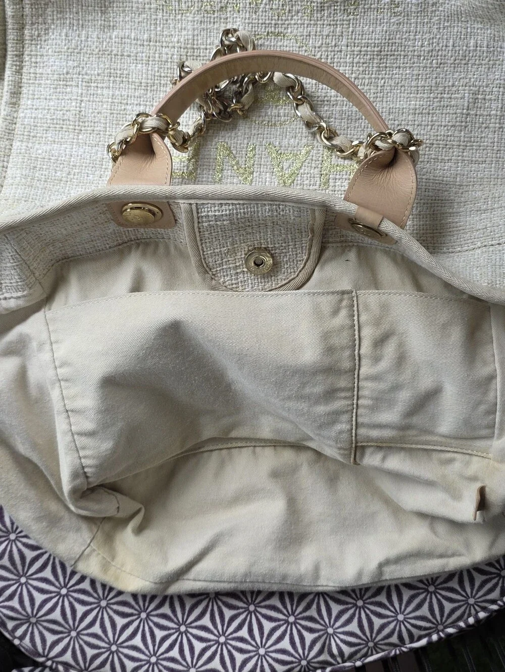 CHANEL Medium Deauville Tote Beige Raffia Glitter Gold Hardware